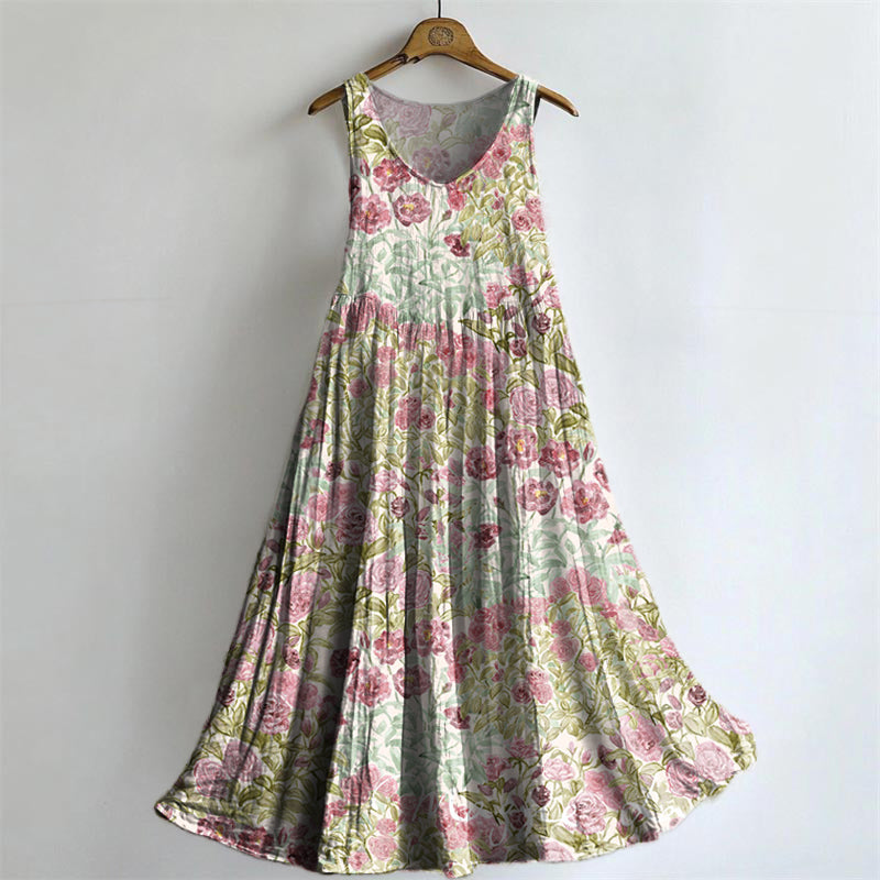 Women's Floral Embellished Pattern Art Print Round Neck Sleeveless Cot