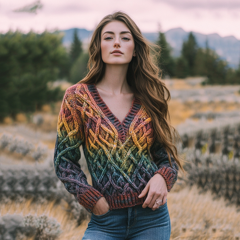 Vintage V-neck Knitted Rainbow Jacquard Irish Aran Sweater elevenforest