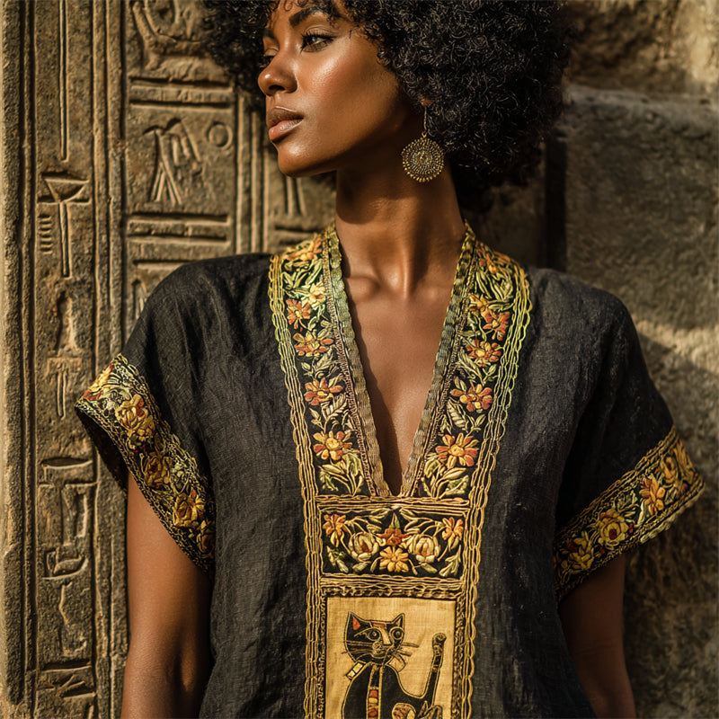 Vintage Ancient Egyptian Cat Floral Embroidered Linen Shirt artswardrobe
