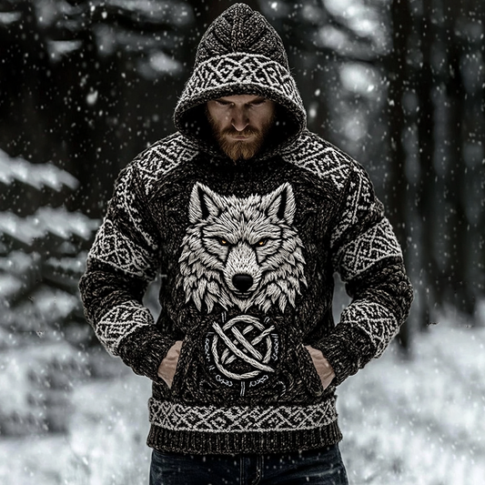 Men's Viking Inspired Wolf Art Knit Pocket Hooded Sweater artswardrobe