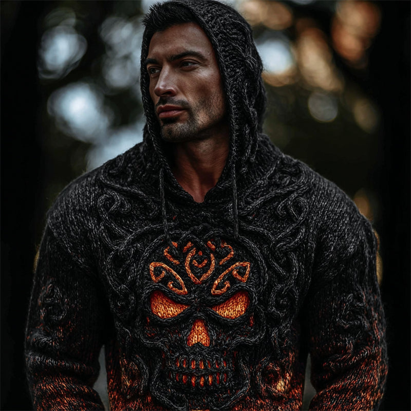 Men's Halloween Spooky Celtic Skull Hooded Cozy Chunky Sweater artswardrobe