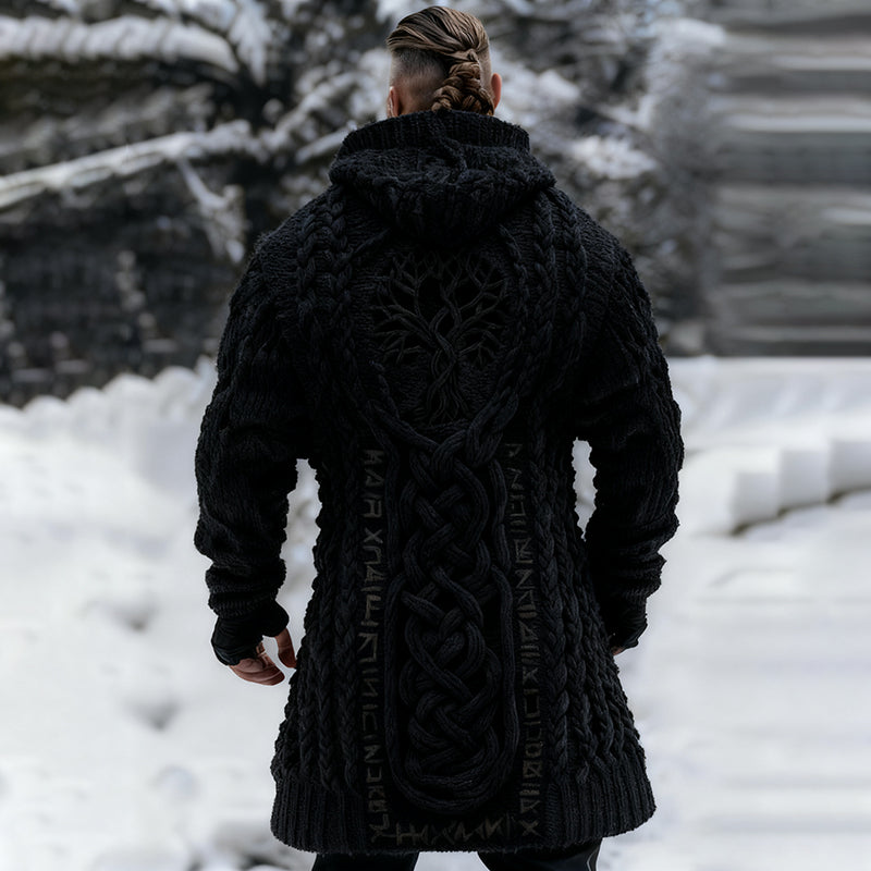 Men's Viking Tribal Jacquard Celtic With Tree Of Life Inspired Chunky Knit Zipped Hooded Sweater artswardrobe