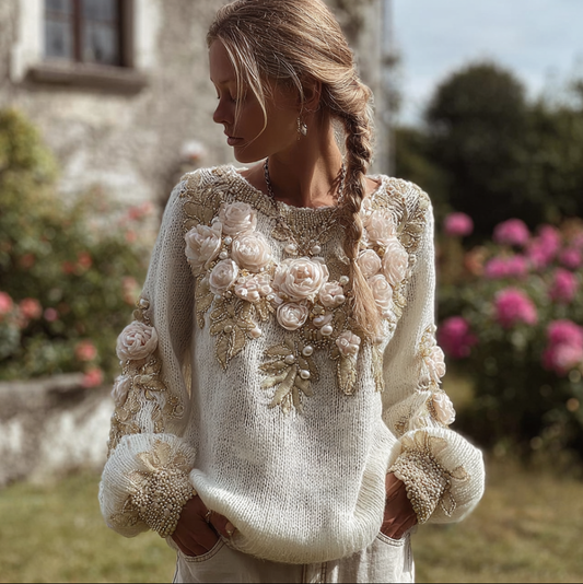 Bohemian Style Three-dimensional Pink Flower Knitted Pattern Women's V-neck Long-sleeve Knitted Sweater artswardrobe