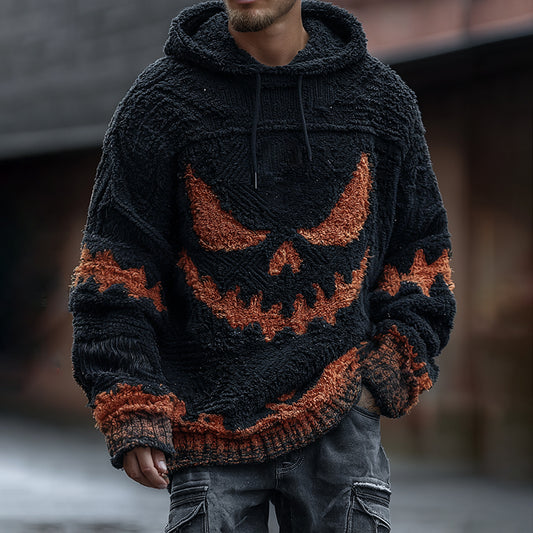 Men's Halloween Spooky Face Art Inspired Knitted Distressed Hooded Sweater artswardrobe
