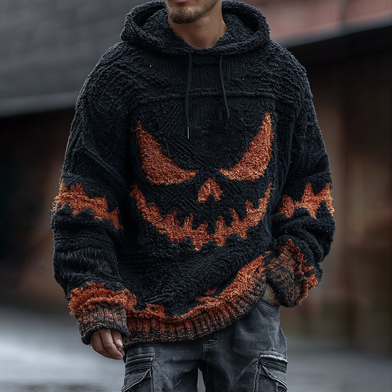 Men's Halloween Spooky Face Art Inspired Knitted Distressed Hooded Sweater elevenforest