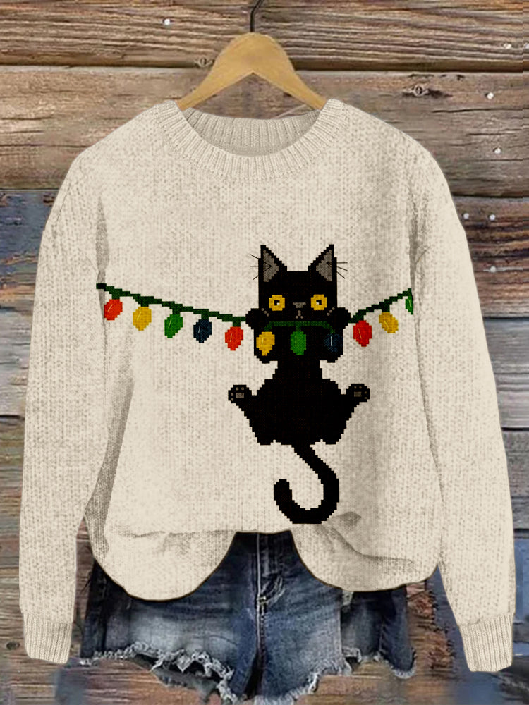 Funny Black Cat Hanging Christmas Lights Pattern Cozy Sweater elevenforest