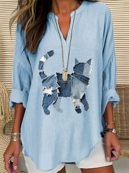 Women's Casual Funny Denim Cat Print T-shirt artswardrobe