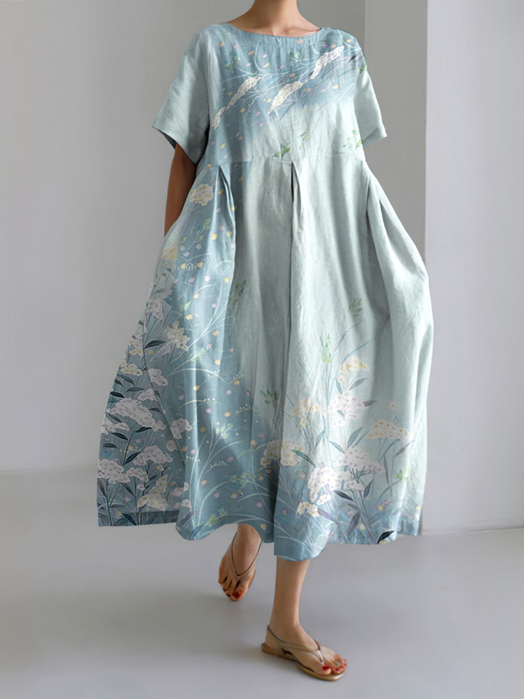 Japanese Art Flower Print Casual Round Neck Short Sleeve Midi Dress