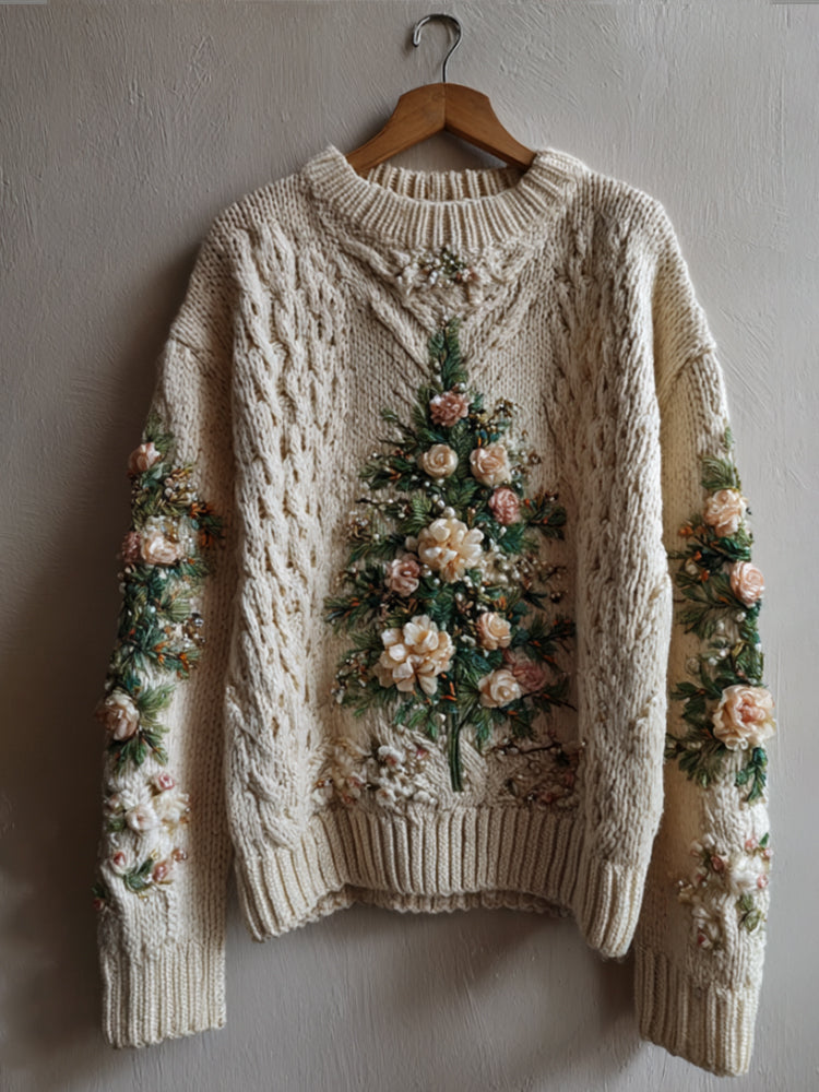 Vintage Rose Christmas Tree Green Round Neck Sweater artswardrobe