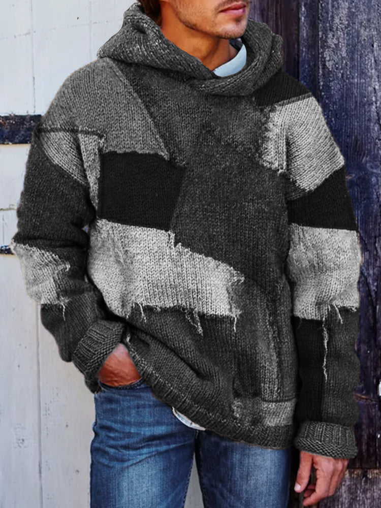 Men's Earthy Frayed Patchwork Cozy Knit Hooded Sweater elevenforest