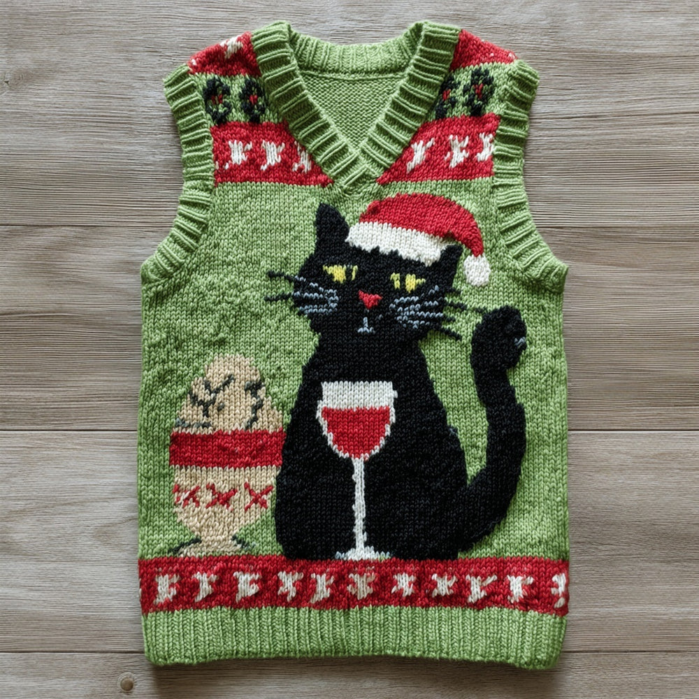 Comstylish Christmas Black Cat Pattern V Neck Cozy Knit Vest