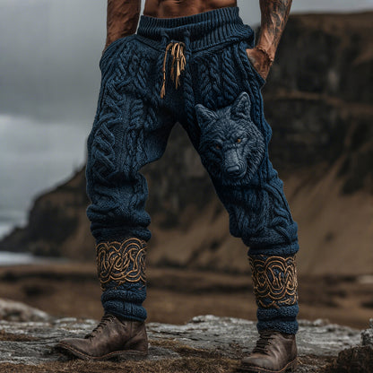 Men's Vintage Viking Wolf Celtic Knot Cozy Chunky Knit Sweatpants artswardrobe