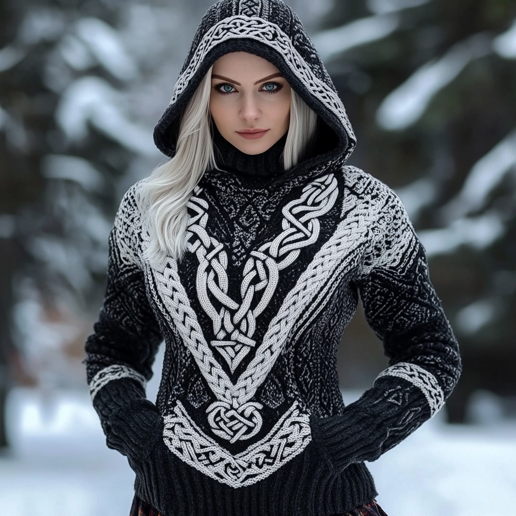 Women's Vintage Viking Celtic Jacquard Chunky Hooded Sweater elevenforest