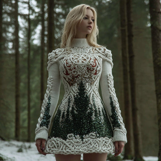 Women's Christmas Tree Forest Celtic Knot Sequins Knit Turtleneck Mini Sweater Dress artswardrobe