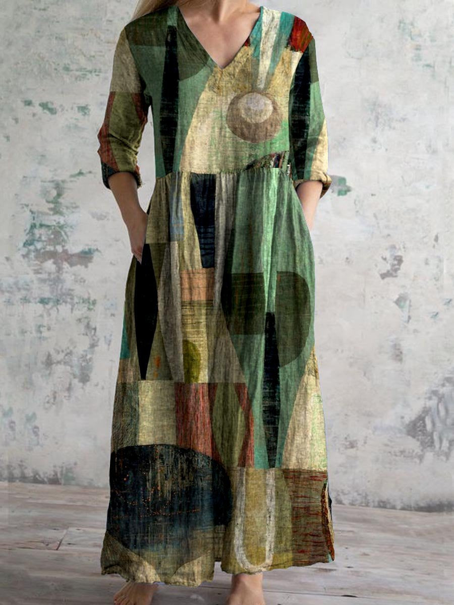 Women's Retro Elegant Geometric Art V-Neck Cotton and Linen Dress With
