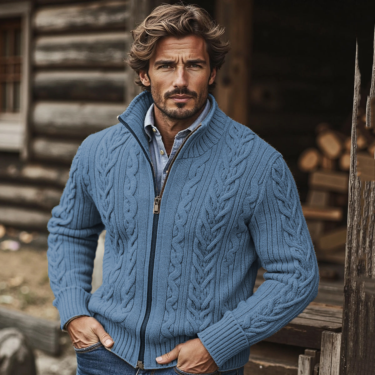 Men'S Burlap Pattern Stand Collar Zipper Sweater elevenforest