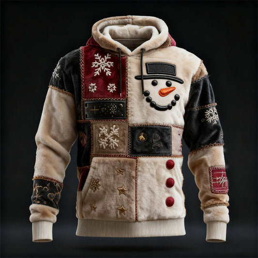 Comstylish Men's Christmas Snowman Snowflakes Patchwork Cozy Plush Hoodie