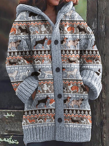 Comstylish Dogs Of Breeds Inspired Cozy Knit Hooded Isle Cardigan