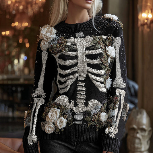Women's Halloween Rose And Skeleton Anatomy Art  Round Neck Cozy Sweater artswardrobe