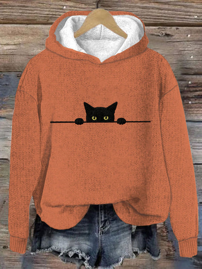 Women's Casual Funny Black Cat Print Hood Sweater artswardrobe