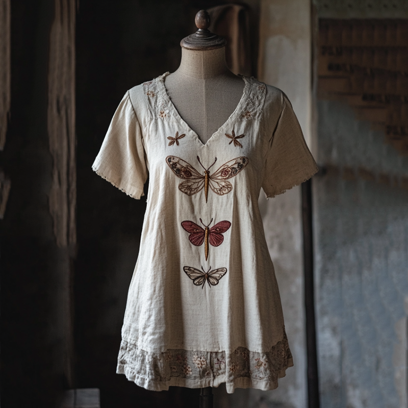 Vintage Floral Dragonfly Embroidery Linen Art Lace Trim Women's Linen Shirt artswardrobe