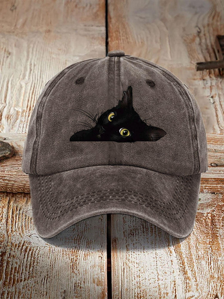 Japanese Art Black Cat Print Washed Hat elevenforest