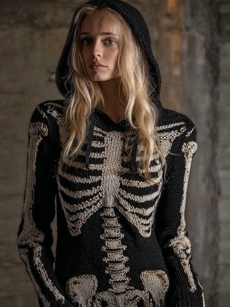 Vintage Halloween Skeleton Knit Comfy Hooded Sweater artswardrobe