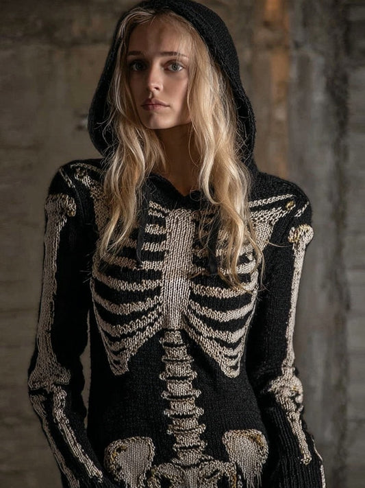 Vintage Halloween Skeleton Knit Comfy Hooded Sweater artswardrobe