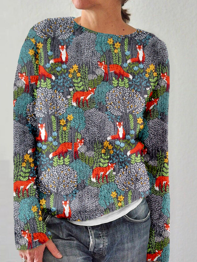 Fox in the Forest Graphic Crew Neck Cozy Sweater artswardrobe