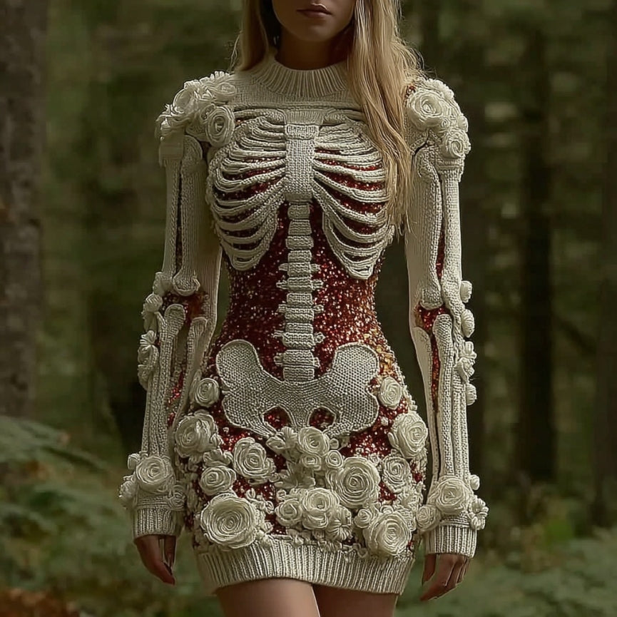Women's Vintage Halloween Skeleton Bones Rose Art Cozy Knit Mini Sweater Dress artswardrobe