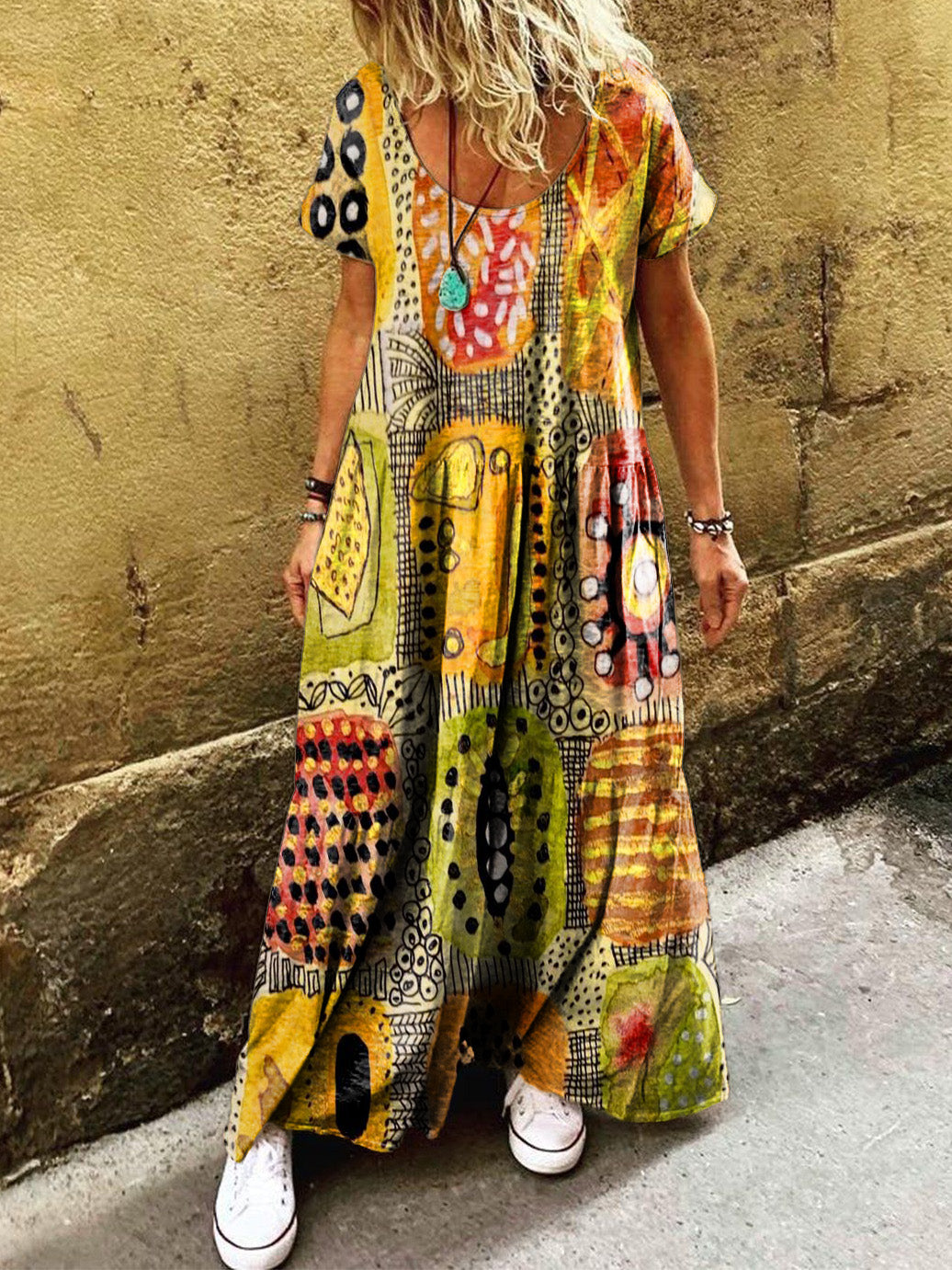 Women's Boho Vintage Folk Collage Art Print Pocket Short Sleeve Cotton