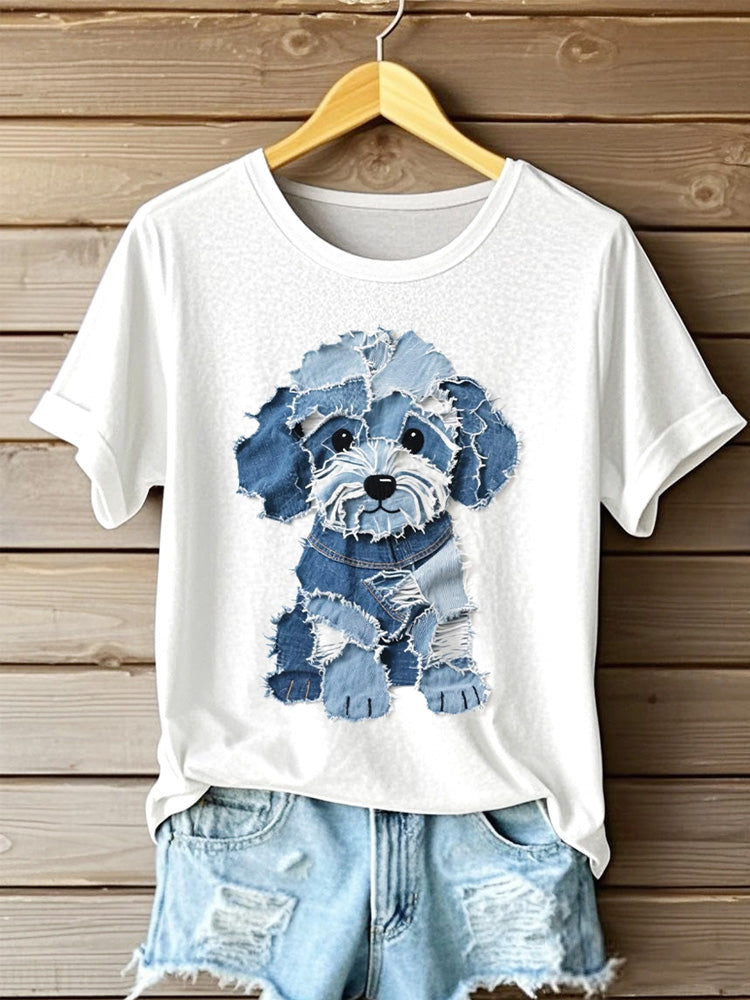 Comstylish Women's Cute Dog Denim Patchwork Art T-shirt