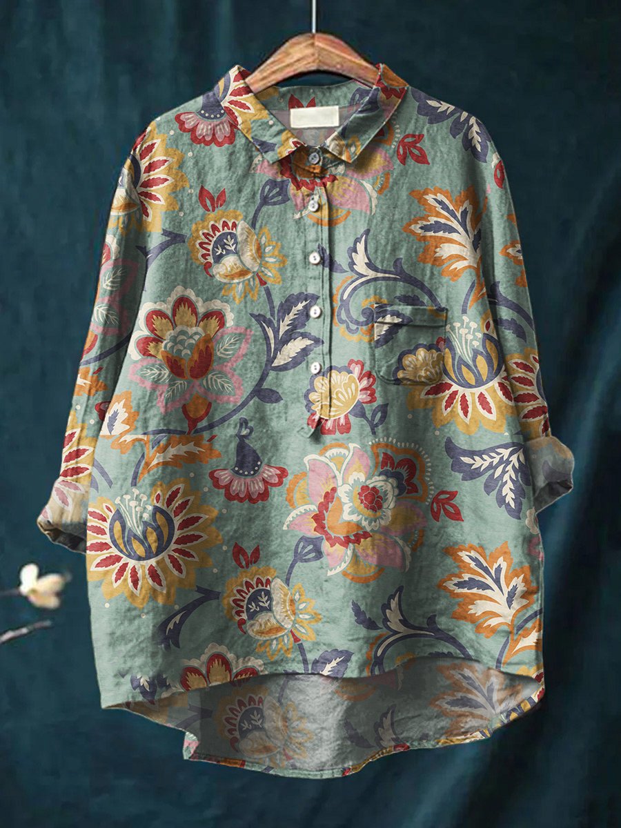 Women's Floral Art Print Casual Cotton And Linen Shirt