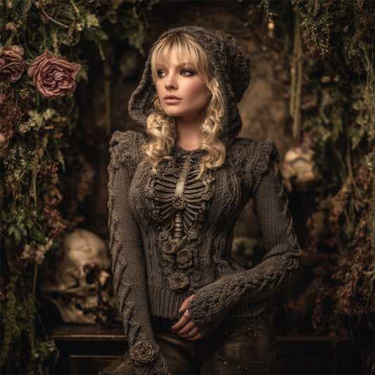 Halloween Vintage Skeleton Floral Art Women's Hooded Knit Sweater artswardrobe