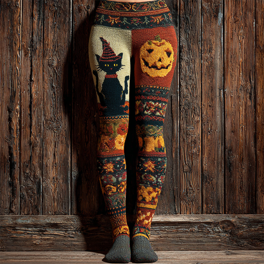 Halloween Wizard Hat Cat & Pumpkin Lady Knit Leggings artswardrobe