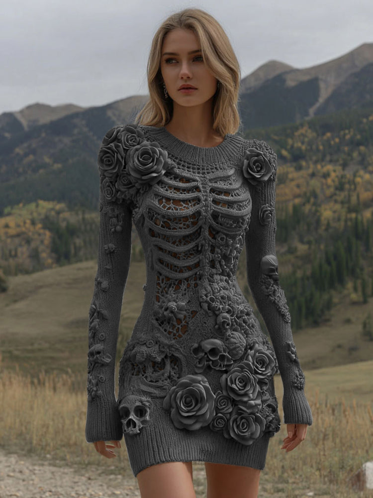 Women's Vintage Halloween Skeleton Skull With Rose Art Cozy Sweater Dress artswardrobe