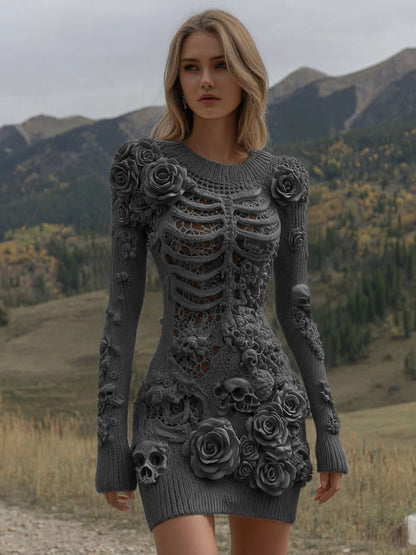 Women's Vintage Halloween Skeleton Skull With Rose Art Cozy Sweater Dress artswardrobe