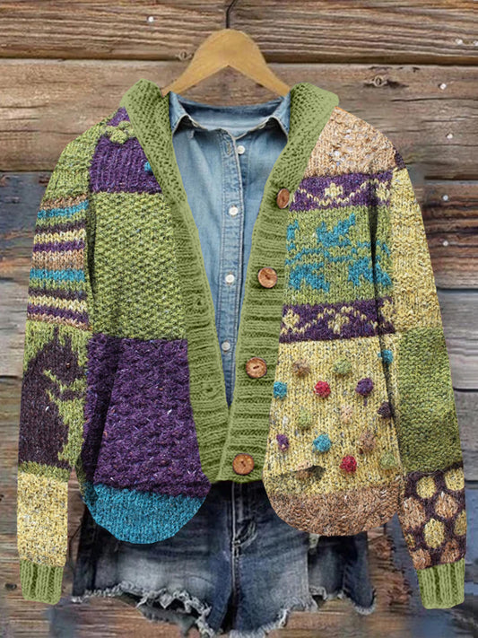 Vintage Knitted Patchwork Cozy Hooded Cardigan elevenforest