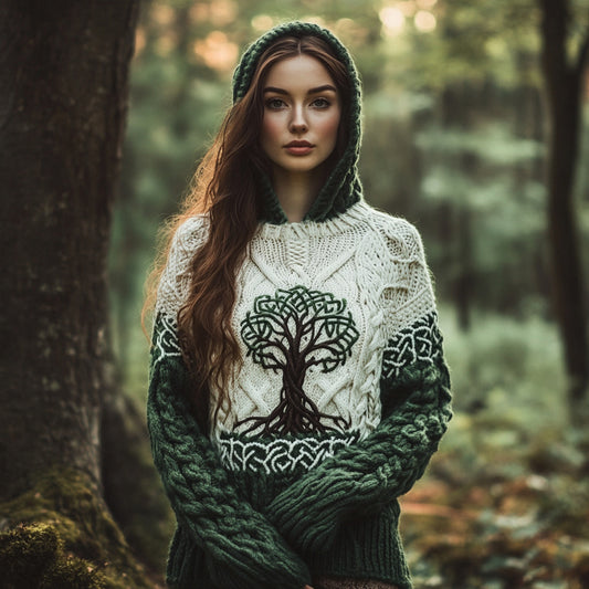 Women's Celtic Tree Of Life Jacquard Ethereal Forest Hooded Sweater artswardrobe