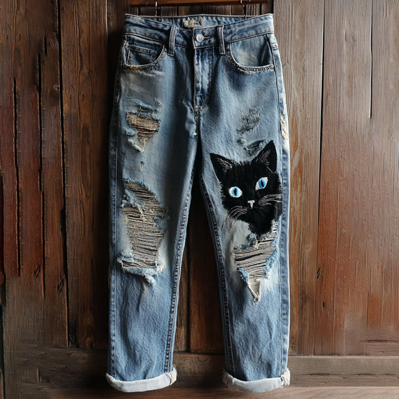 Women's Vintage Distressed Cut Black Cat Embroidery Washed Jeans elevenforest