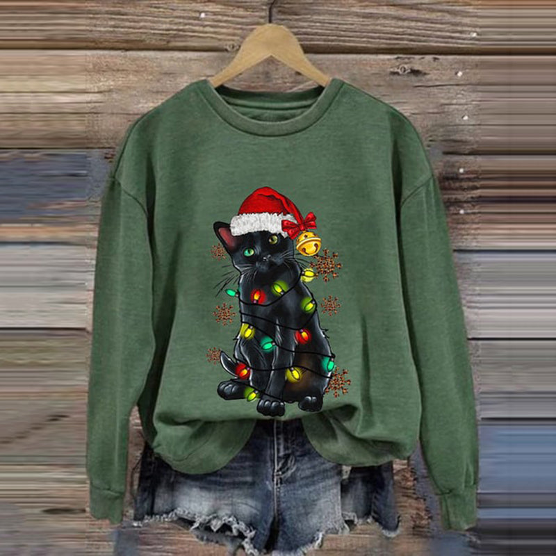 Christmas Lights Cat Print Crew Neck Sweatshirt elevenforest