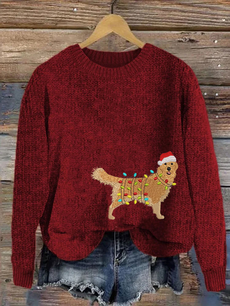 Comstylish Women's Christmas Golden Retriever Embroidery Print Sweater