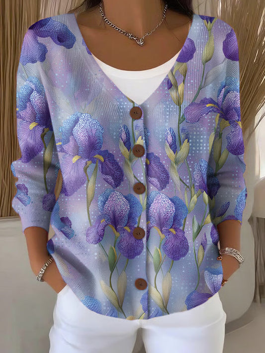 Women's Casual Purple Floral Art Print Cardigan elevenforest