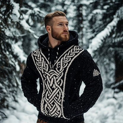 Men's Viking Tribal Jacquard Celtic Inspired Chunky Knit Hooded Sweater artswardrobe
