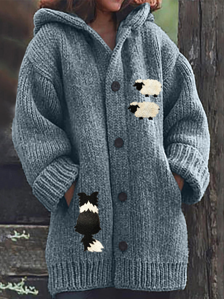Comstylish Border Collie & Sheep Embroidered Cozy Knit Hooded Cardigan