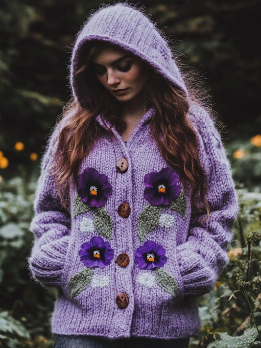 Women's Purple Floral Jacquard Cozy Soft Knit Hooded Cardigan artswardrobe