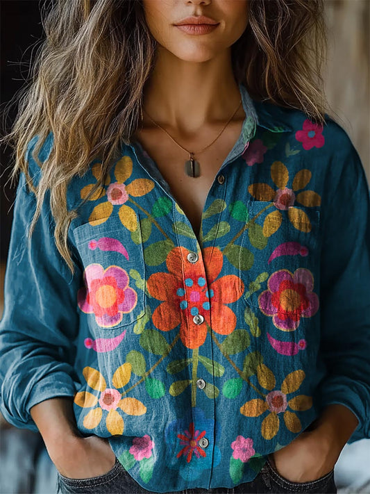 Women's Bohemian Floral Art Print Casual Long Sleeve Comfortable Cotto