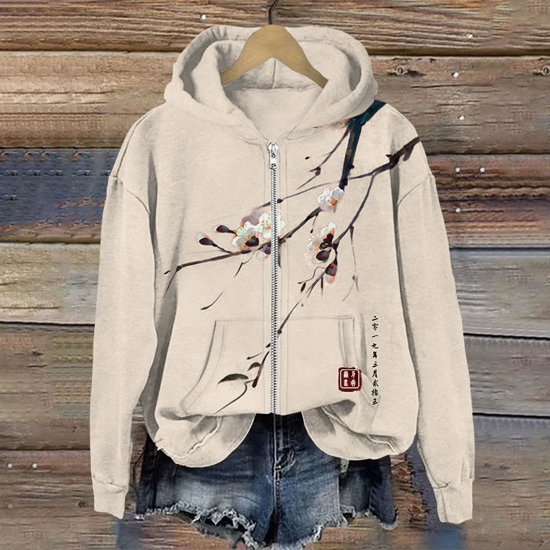 Comstylish Japanese Art Sakura Print Long Sleeves Zip Hoodie