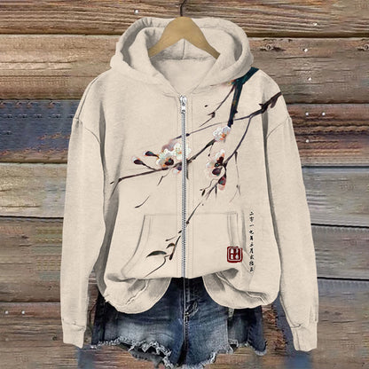 Comstylish Japanese Art Sakura Print Long Sleeves Zip Hoodie