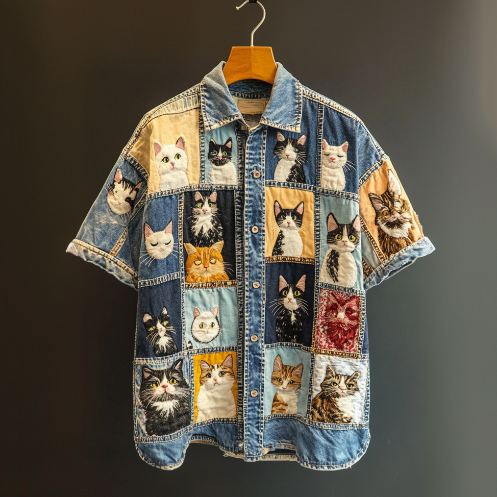 Casual Pop Art Patchwork Cat Denim Shirt elevenforest